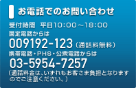 お電話でのお問い合わせ　受付時間　平日10：00～18：00　固定電話からは009192-123（通話料無料）携帯電話・PHS、公衆電話からは03-5954-7257（通話料金はいずれもお客さま負担となりますのでご注意ください。 ）